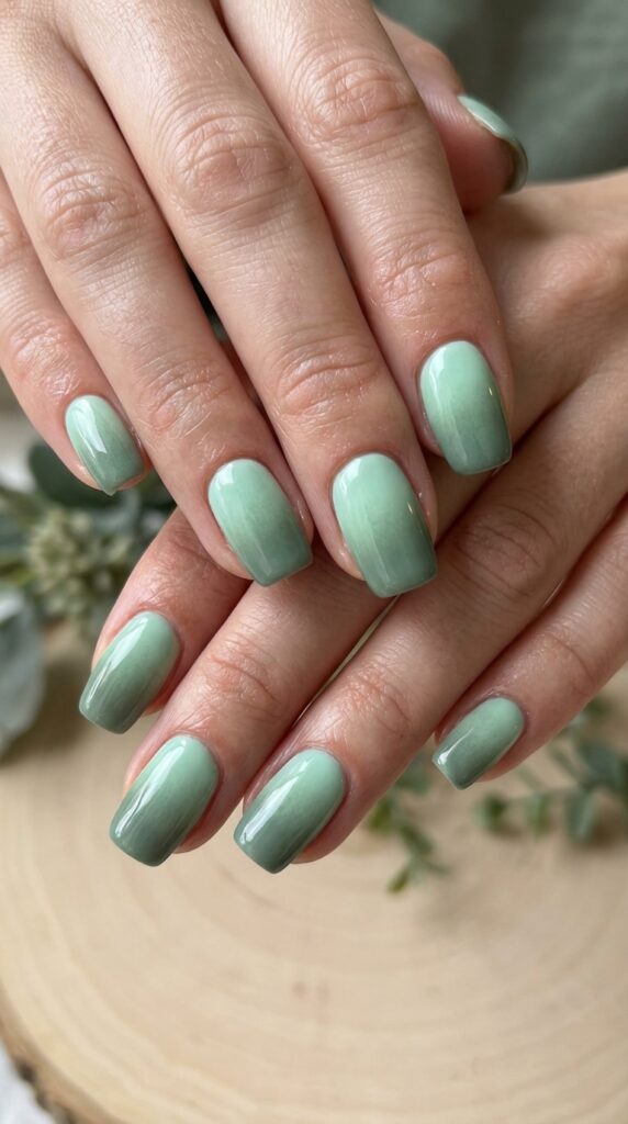 Mint green to sage ombre gradient nails with nature-inspired transition from fresh mint base to sophisticated sage tips for calming summer nail art.