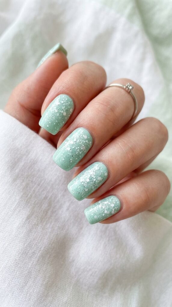 Beautifully manicured rounded square nails featuring a soft mint green base adorned with sparkling white and silver glitter particles creating a frosted, wintry shimmer effect, photographed against a clean soft white background.