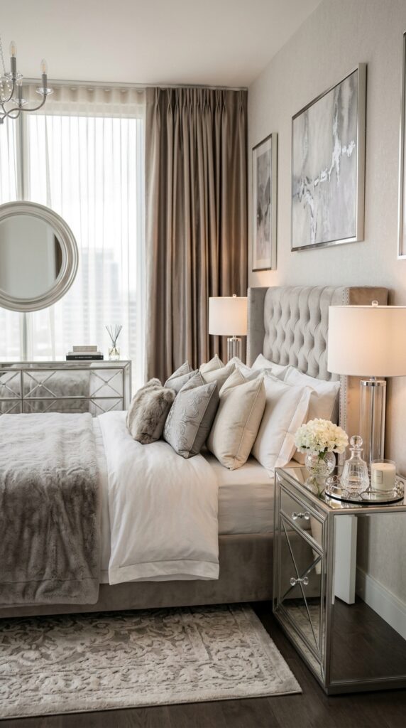 Glam bedroom with mirrored furniture accents, reflective surfaces, soft lighting, and a luxurious elegant aesthetic