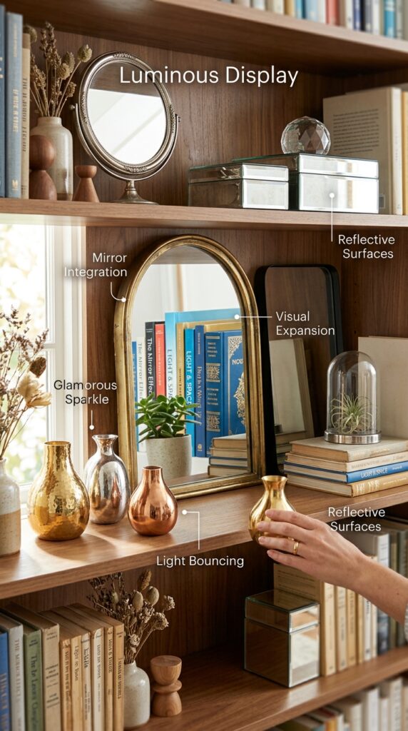 Luminous bookshelf beautifully enhanced with decorative mirrors, reflective vases in metallic finishes, mirror-finished boxes, glass vessels, and crystal pieces that bounce light and create visual expansion, glamorous sparkle, and multidimensional reflection effects amplifying the display's visual impact and depth.






