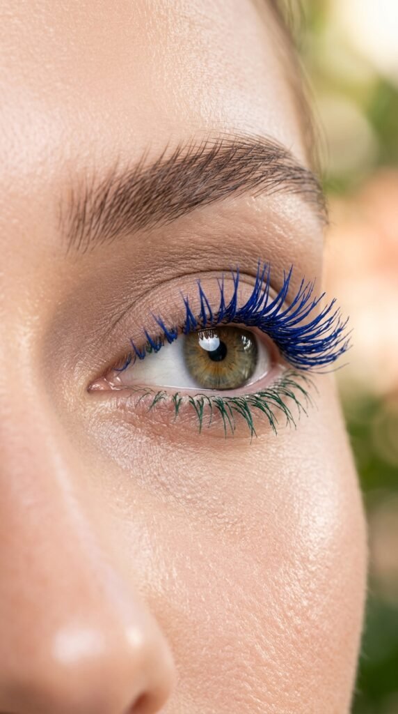 Close-up of colored mascara makeup, vibrant lashes, minimal eye look, and a trendy playful summer aesthetic