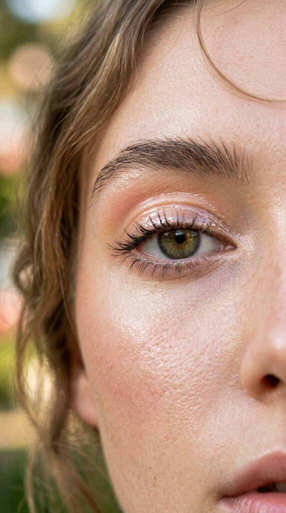 Close-up of glossy eyelid makeup with a wet-look shine, soft colors, glowing skin, and a fresh dewy summer aesthetic