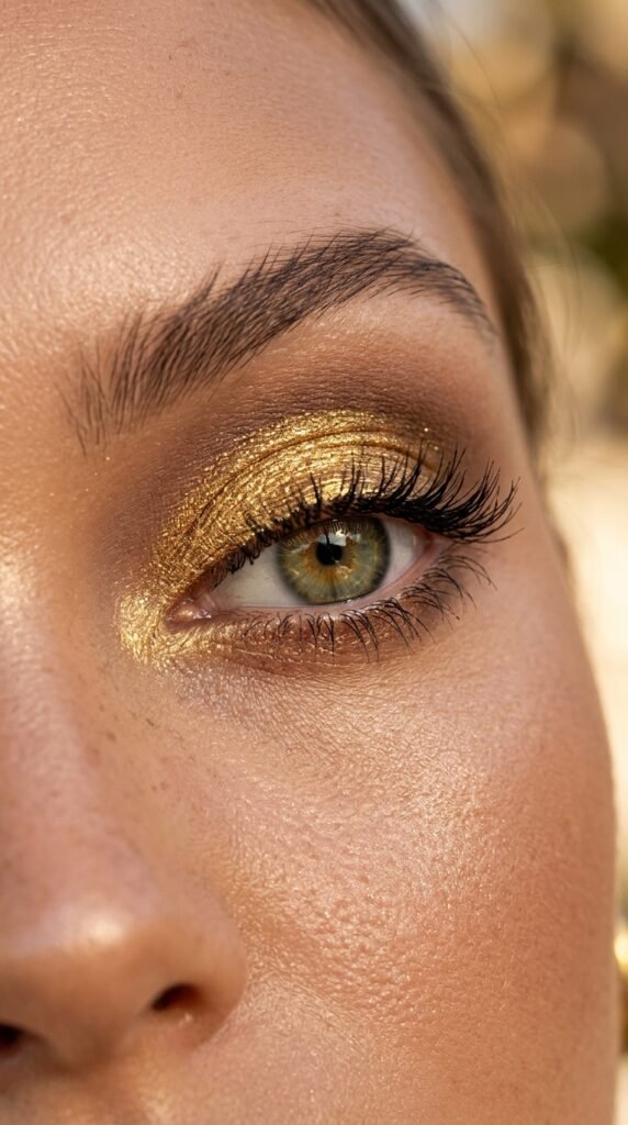 Close-up of shimmer gold eye makeup, glowing metallic finish, warm tones, and a glamorous radiant summer look