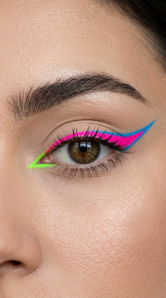 Close-up of neon eyeliner makeup, bold colorful liner, clean sharp lines, and a trendy modern summer look