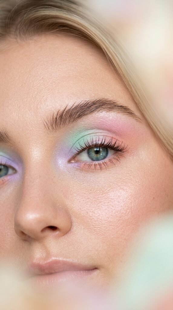 Close-up of soft pastel eyeshadow makeup, blended light colors, fresh glowing skin, and a dreamy summer beauty look