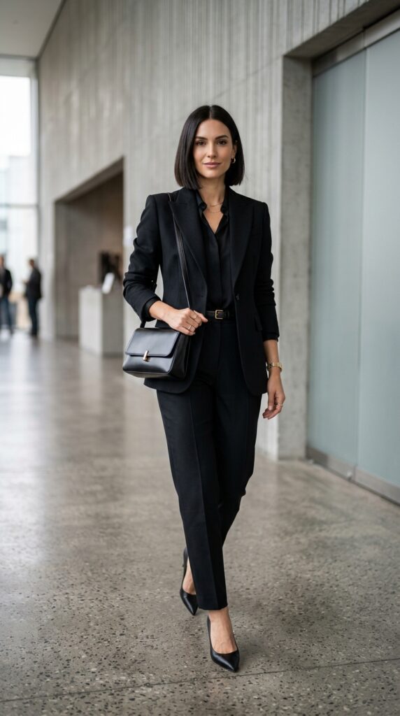 Model in an all-black outfit with an east west shoulder bag, sleek silhouette, and a modern chic aesthetic