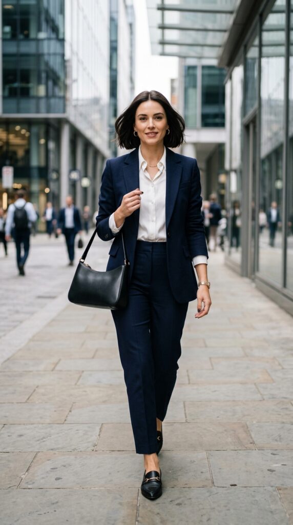 Model in an office chic outfit with an east west shoulder bag, polished silhouette, neutral tones, and a modern professional aesthetic