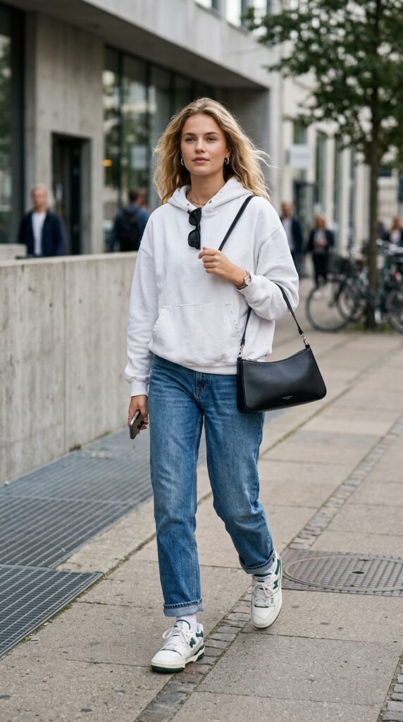Model in casual streetwear with an east west shoulder bag, relaxed outfit, urban setting, and a trendy effortless look