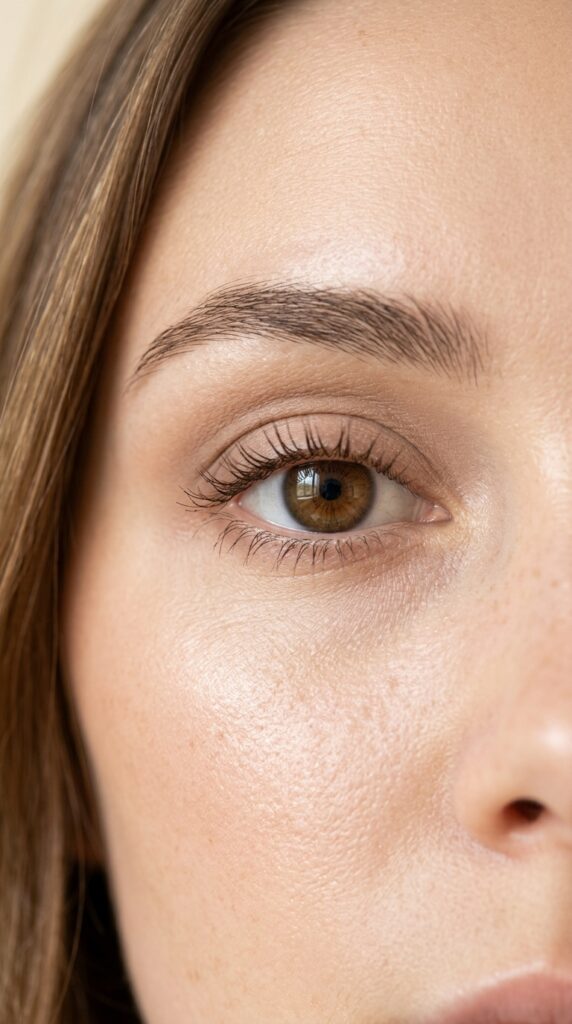 Close-up of minimal natural eye makeup, soft neutral tones, light mascara, and a clean fresh everyday look