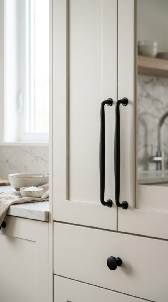 Kitchen cabinets with upgraded hardware, modern handles, neutral tones, and a clean stylish aesthetic
