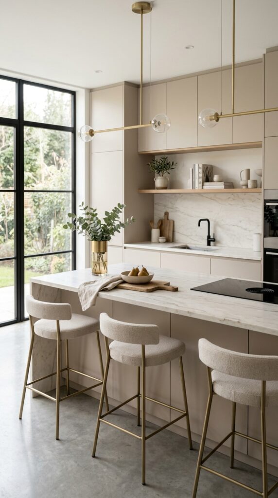 Kitchen with neutral color palette, soft tones, clean design, and a calm modern aesthetic