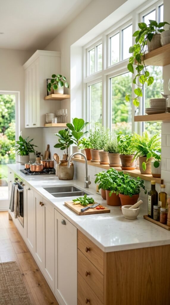 Kitchen with indoor plants and herbs, natural light, fresh greenery, and a bright modern aesthetic