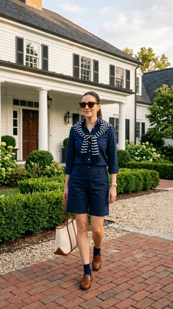 Woman wearing a monochromatic navy preppy outfit featuring a navy button-down shirt, navy tailored shorts, brown loafers, navy-and-white striped sweater, and cream structured handbag, standing in front of a classic white colonial building with elegant architecture.






