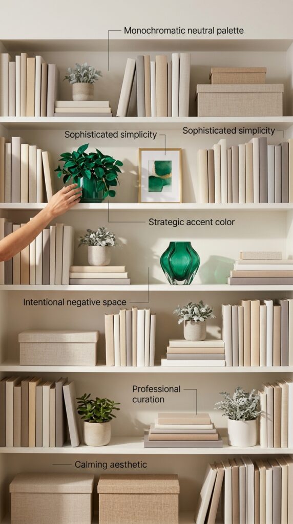 Sophisticated monochromatic neutral bookshelf featuring cream, beige, grey, and white books with strategic pops of vibrant accent color (emerald, navy, or coral) through decorative objects and artwork, creating an elegantly curated, calming display with generous negative space and professional design intent.






