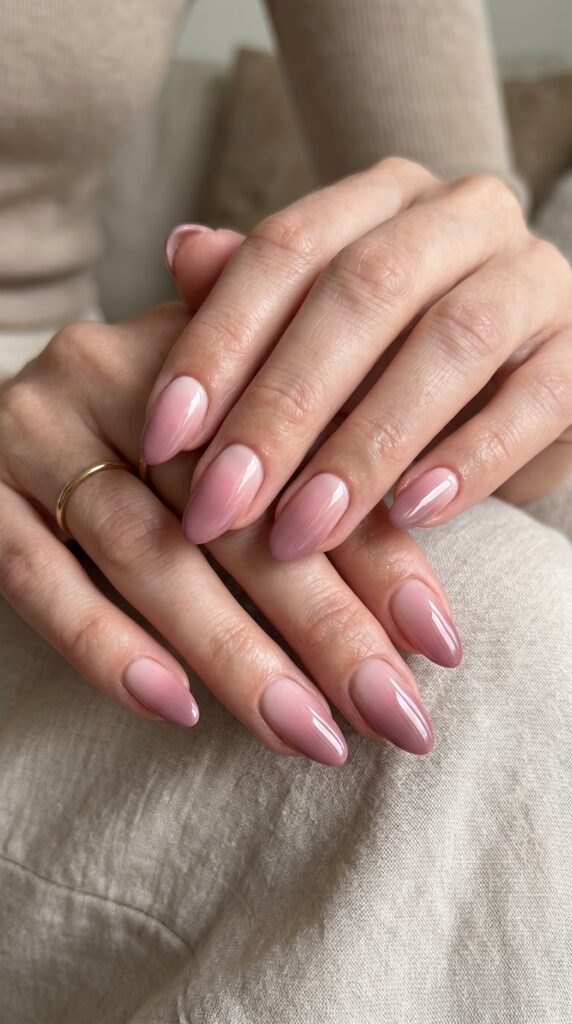 Hands with monochromatic tonal gradient using shades of pink or gray flowing from light to dark for sophisticated minimalist nail design with dimensional depth






