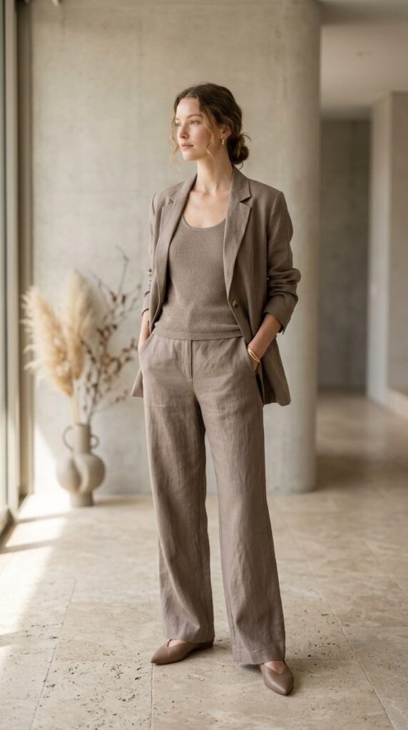 Monochromatic neutral outfit set in soft beige tones, creating a clean, minimal, and effortlessly chic fashion look