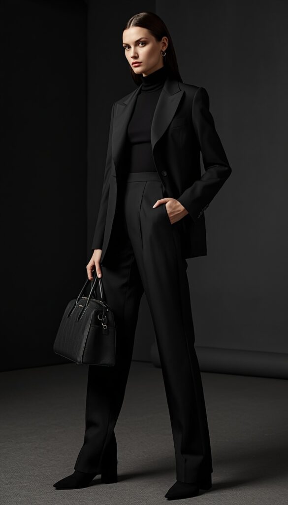Model in a monochrome black outfit with a structured bowling bag, sleek silhouette, and a modern luxury aesthetic
