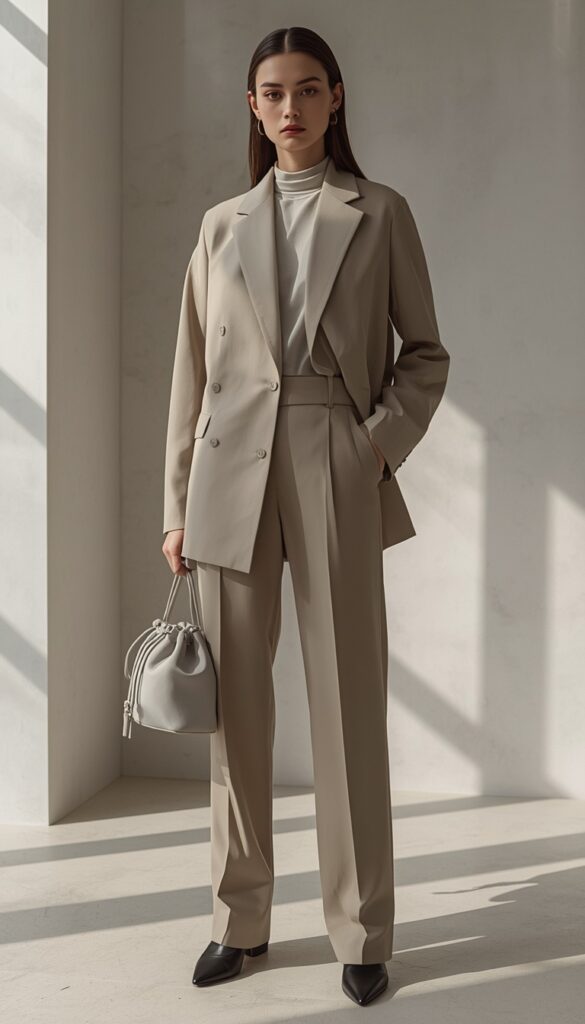 Model in a monochrome outfit with a matching drawstring pouch bag, cohesive color palette, and a sleek modern aesthetic