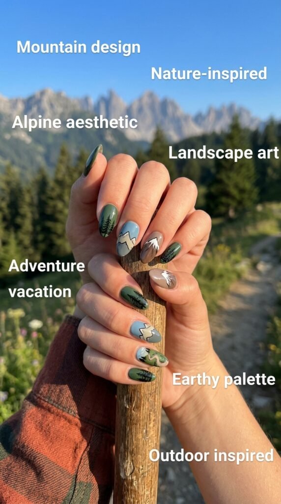 Naturally stunning mountain and nature-inspired vacation nails featuring earthy colors of forest green, sky blue, browns, and taupe with hand-painted mountain peaks, pine trees, hiking trails, misty layers, wildflower meadows, and landscape compositions creating immersive alpine adventure aesthetic.





