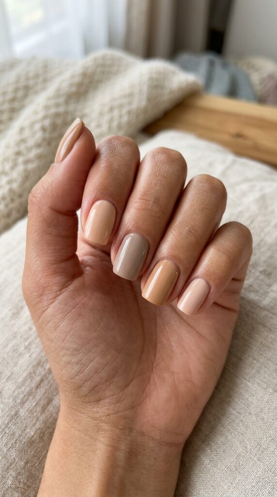 Warm beige and sand tone nails with a glossy neutral finish, creating a soft, elegant, and minimalist manicure look