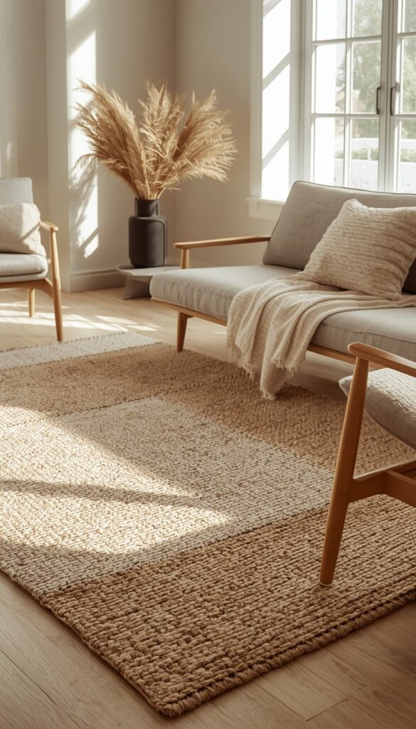Cozy modern interior with natural fiber textiles and rugs, earthy tones, organic textures, and soft natural lighting