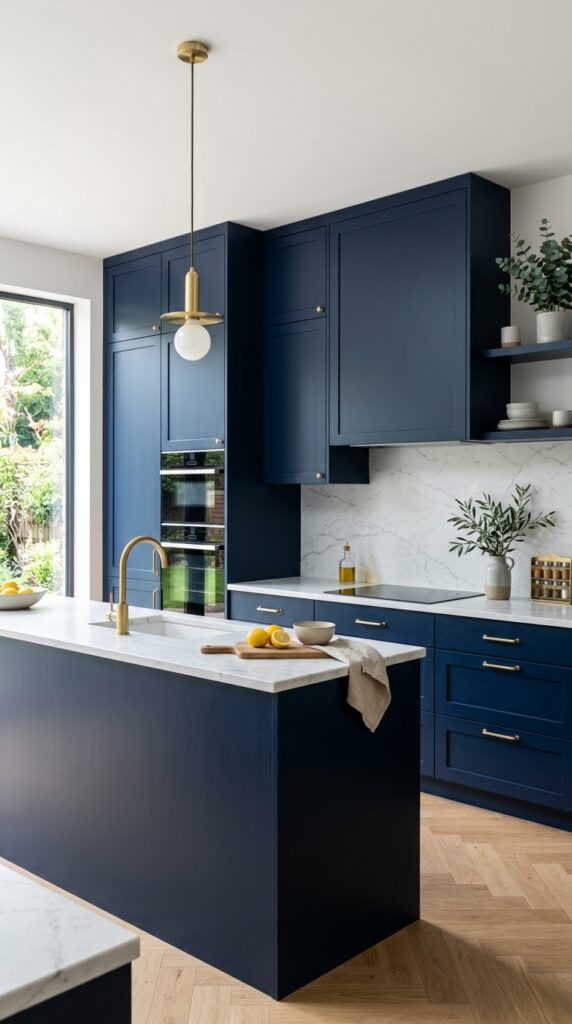 Deep navy blue kitchen with elegant cabinetry and contrasting light surfaces, creating a bold, modern, and luxurious interior design look