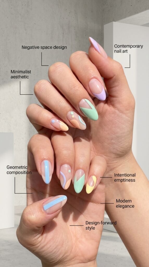 Modern and sophisticatedly minimalist negative space pastel nail designs featuring strategic soft pastel accents paired with significant bare natural nail showing, geometric pastel shapes with intentional empty space, sharp precise boundaries, minimalist modern aesthetic, and design-forward contemporary style.





