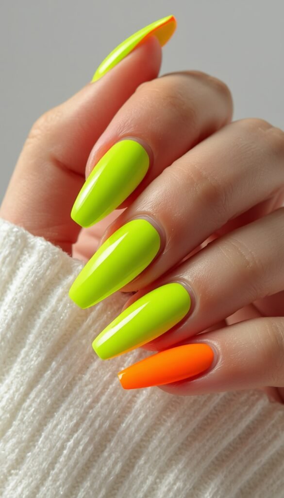 Close-up of press-on nails in neon bright colors, glossy finish, bold vibrant look, and a trendy summer aesthetic
