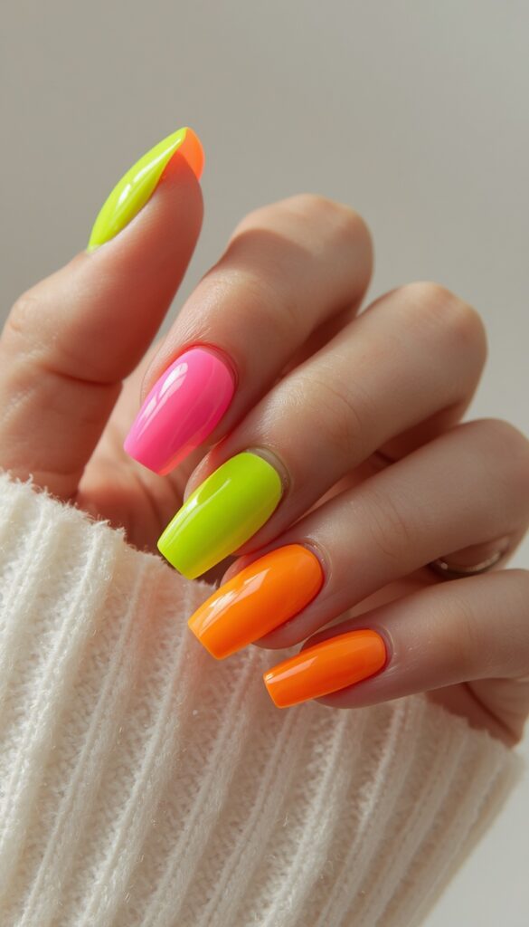 Close-up of square nails in neon bright colors, glossy finish, bold summer aesthetic, and clean modern style
