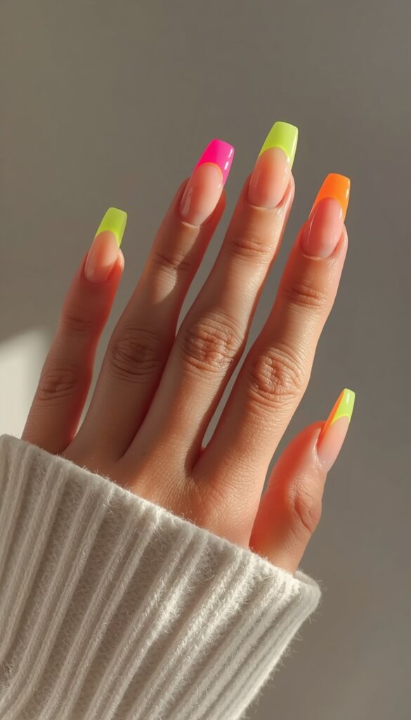 Close-up of coffin nails with neon French tips on a nude base, glossy finish, and a bold modern summer aesthetic