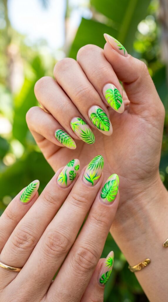 Hands with neon green tropical leaf nail designs in various fluorescent green shades showing detailed botanical patterns for artistic nature-inspired summer manicure




