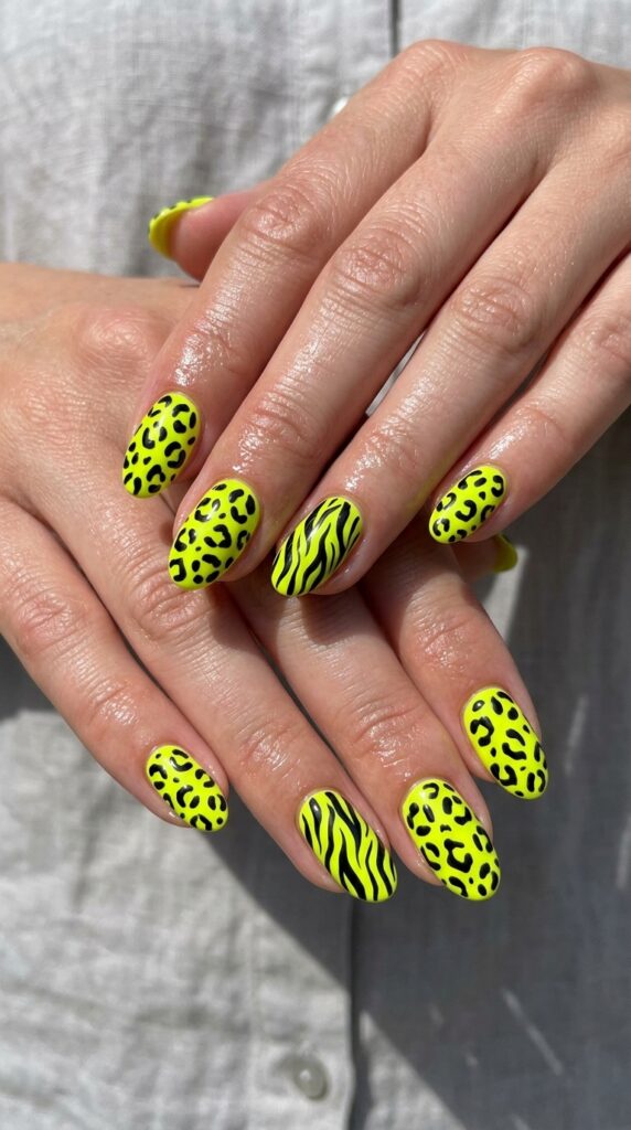 Hands with neon yellow nail polish base featuring black leopard or zebra animal print pattern overlay creating retro-meets-modern bold trendy summer manicure design






