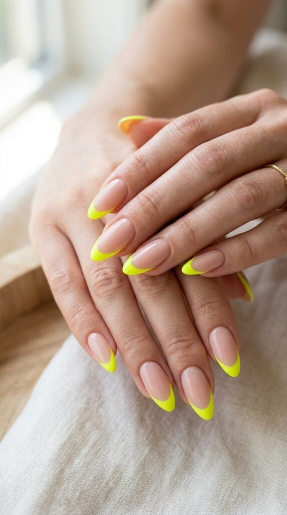 Hands with modern French manicure featuring neon yellow fluorescent tips on nude base creating fresh contemporary twist on classic design for sophisticated summer nails.