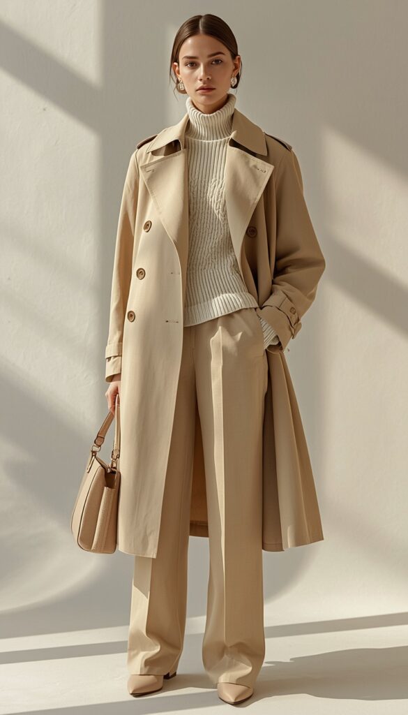 Model in neutral beige layered outfit with a bowling bag, soft textures, minimalist style, and warm natural lighting