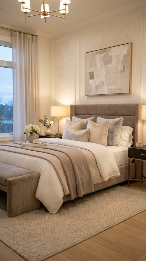 Glam bedroom with neutral tones, soft textures, warm lighting, and a clean luxurious hotel-style aesthetic
