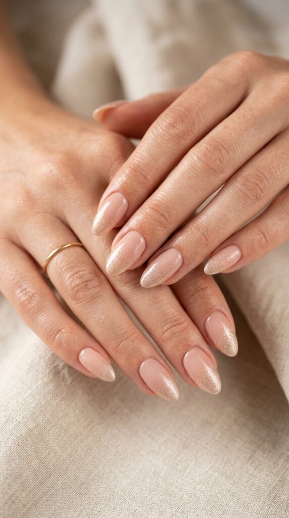 Nude rose to champagne shimmer ombre gradient nails with sophisticated transition from nude rose base to metallic champagne tips for elegant professional summer nail art.