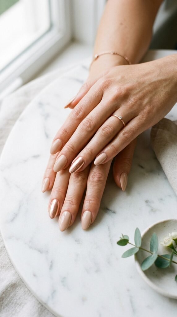 Elegant almond-shaped manicured nails featuring creamy nude polish with rose gold metallic accent nails on the ring fingers, photographed against a soft white marble background.