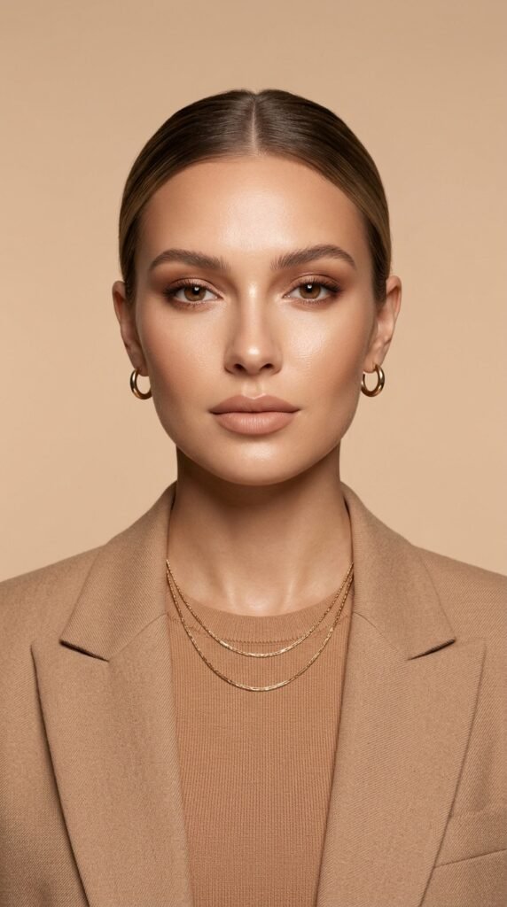 Nude and caramel monochromatic look with warm neutral tones, glowing skin, and a clean luxury aesthetic perfect for modern minimal style