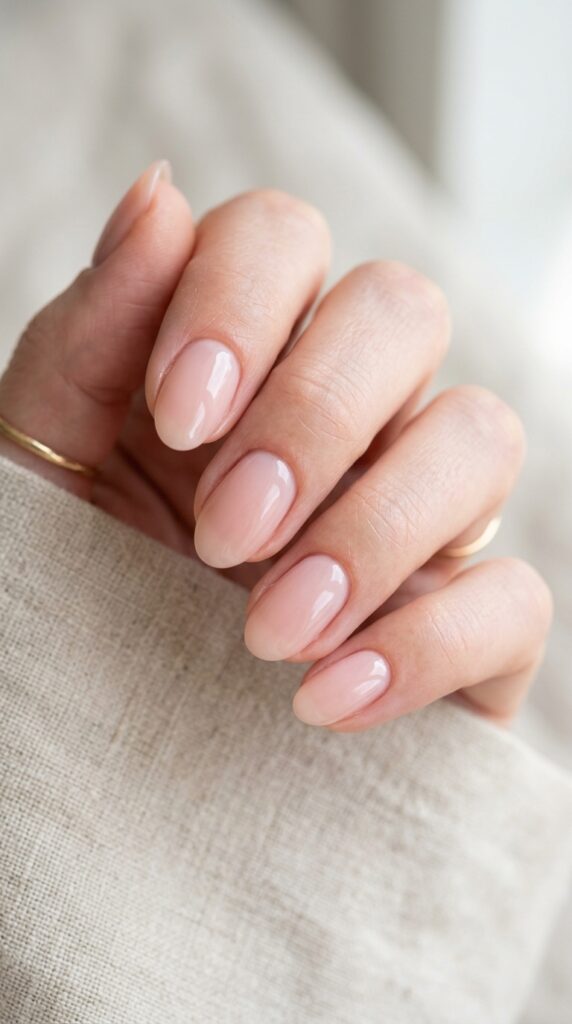Sheer nude pink nails with a soft glossy finish, creating a natural, clean, and elegant minimalist manicure look