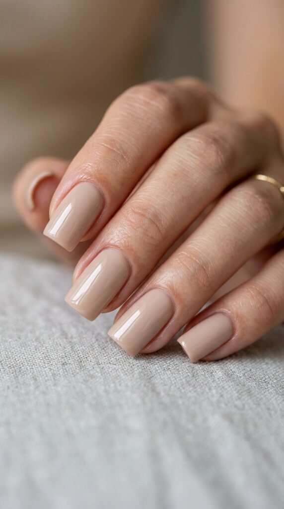 Nude square nails with a glossy finish in soft neutral tones, creating a clean, minimal, and elegant manicure look