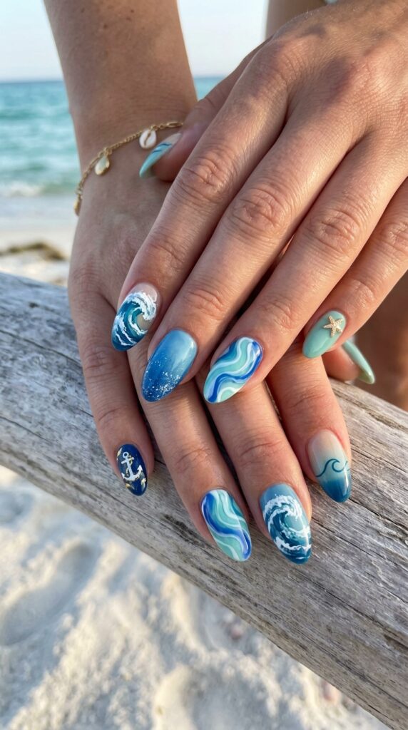 Serene ocean and wave design vacation nails featuring realistic wave artwork in varying blues, teals, aqua, and seafoam with detailed water effects, white foam crests, water depth gradations, nautical elements like anchors and sailboats, and maritime-inspired aesthetic creating coastal vacation beauty.






