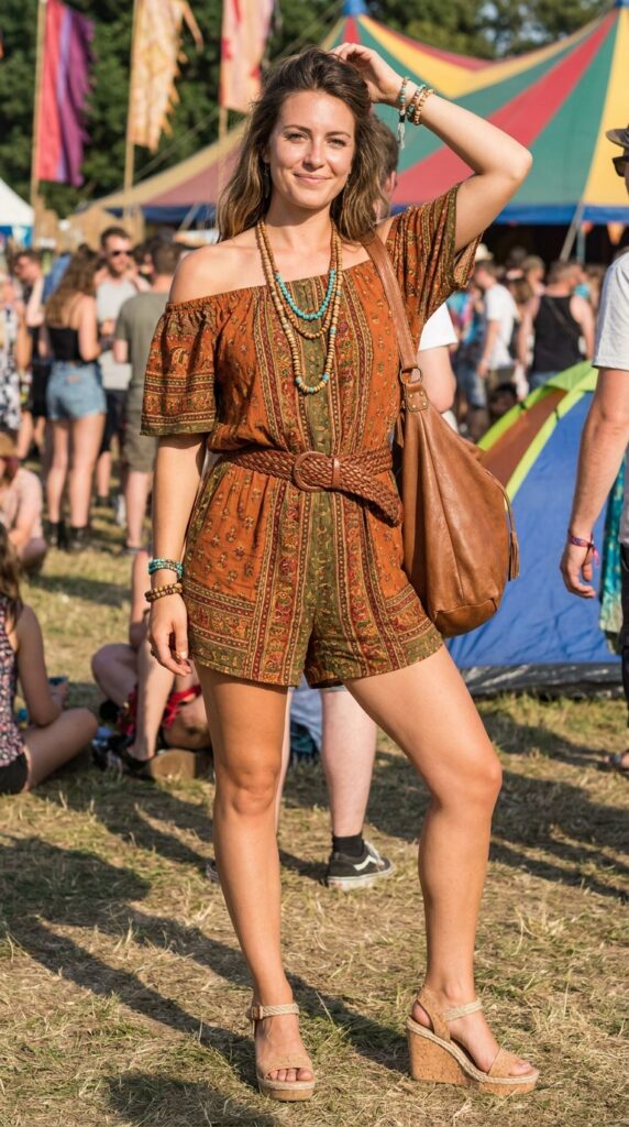 Woman in off-shoulder ethnic print romper with cork wedge sandals, statement belt, and beaded jewelry for boho summer style.