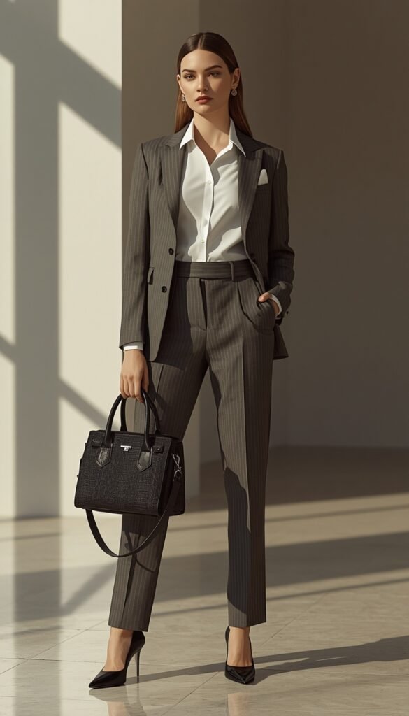 Model in an office chic outfit with a structured bowling bag, polished silhouette, neutral tones, and a modern professional aesthetic