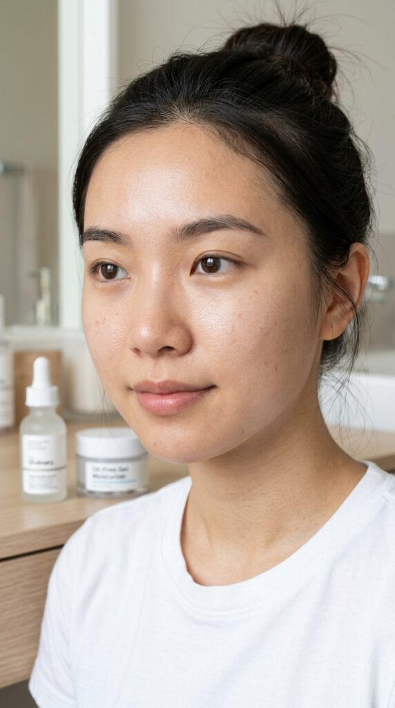 Oily and acne-prone skin with a clean matte finish and minimal shine, showcasing a fresh, balanced, and clear skincare-focused look