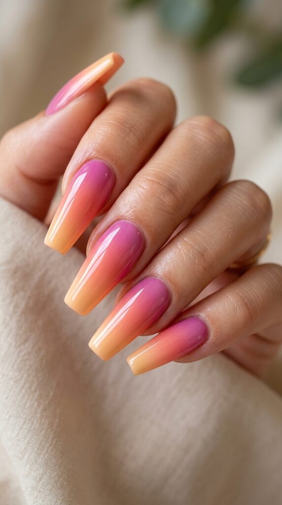 Ombre gradient coffin nails with a smooth color blend, glossy finish, and a soft stylish summer aesthetic