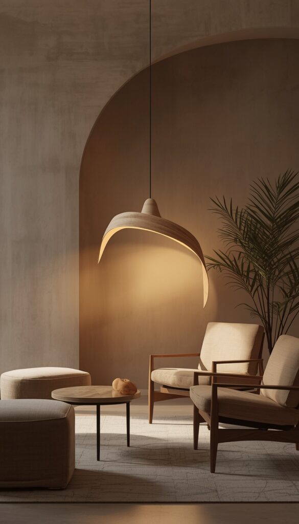 Modern interior with organic sculptural lighting, soft ambient glow, natural shapes, neutral tones, and a minimalist aesthetic