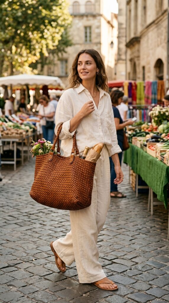 Oversized market-style woven leather tote paired with a relaxed outfit, creating a casual, spacious, and effortlessly chic everyday fashion look