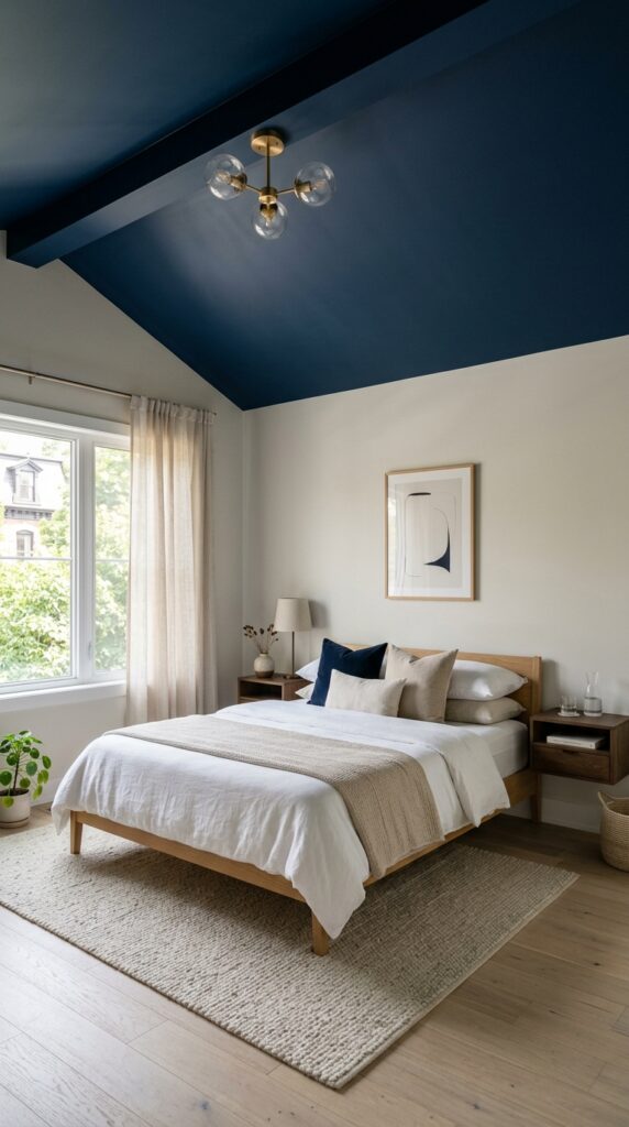 Bedroom with a bold painted statement ceiling, neutral walls, soft natural light, and a modern elegant aesthetic
