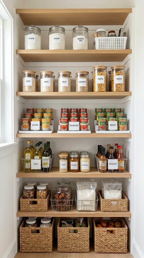 Zone-based pantry organization with clearly labeled sections for different food categories, creating a clean, functional, and visually organized kitchen storage system