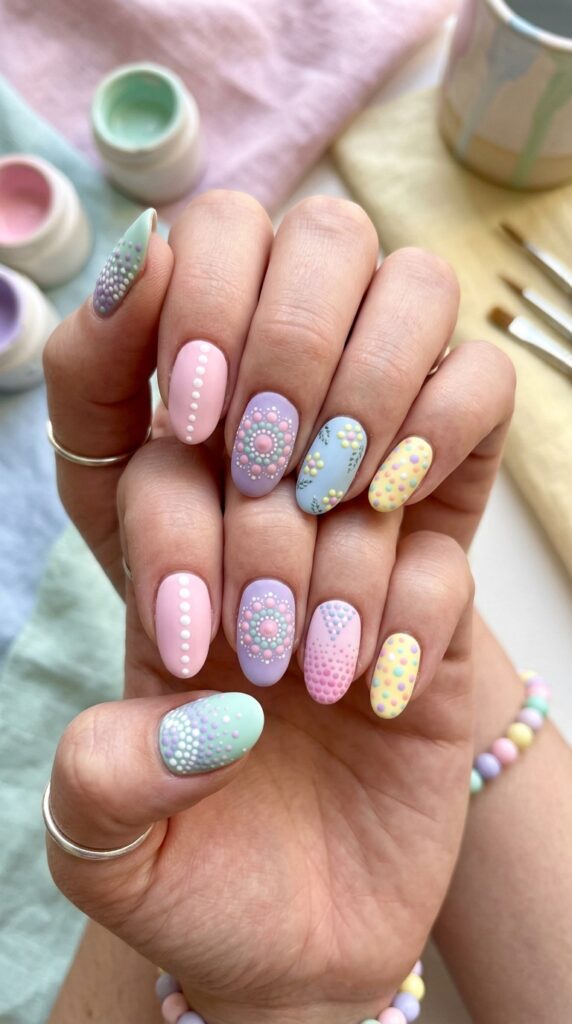 Playfully charming pastel dot and stipple nail designs featuring carefully placed dots and stippled patterns in contrasting or complementary soft colors on pastel bases, textured artistic compositions, intentional dot placement creating decorative patterns, and whimsical creative aesthetic demonstrating hand-painted artistry.





